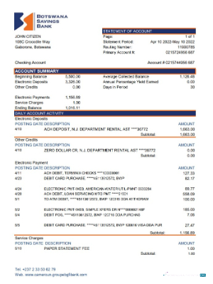Download Botswana Savings bank statement excel Photoshop template